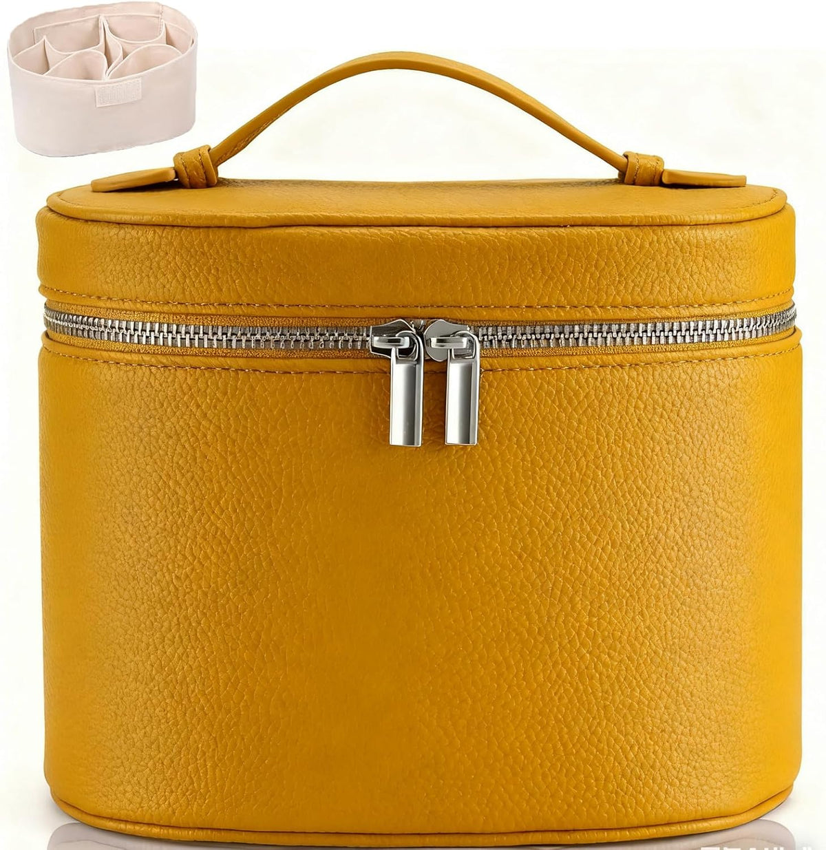 Leather Makeup Bag Organizer with Compartments - Standing Travel Cosmetic Bag for Women, Waterproof Vanity Case with Detachable Divider, Brown Portable Toiletry Bag