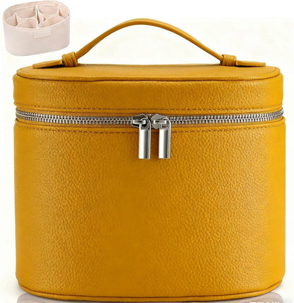 Leather Makeup Bag Organizer with Compartments - Standing Travel Cosmetic Bag for Women, Waterproof Vanity Case with Detachable Divider, Brown Portable Toiletry Bag