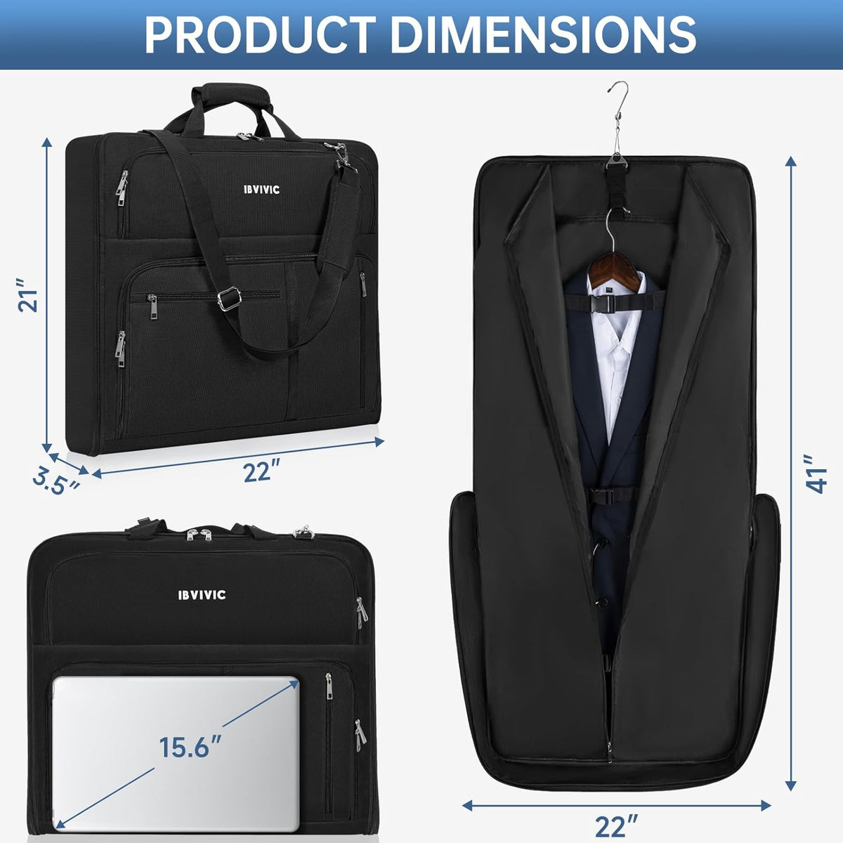 Garment Bags for Travel, 41'' Water-Resistant Carry On Garment Bag for Hanging Clothes, Large Suit Travel Bag Convertible Travel Garment Bag for Shirts, Dresses, Coats (Black)