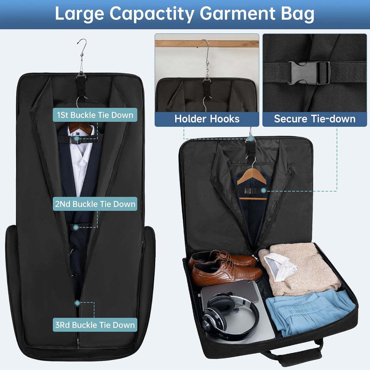 Garment Bags for Travel, 41'' Water-Resistant Carry On Garment Bag for Hanging Clothes, Large Suit Travel Bag Convertible Travel Garment Bag for Shirts, Dresses, Coats (Black)