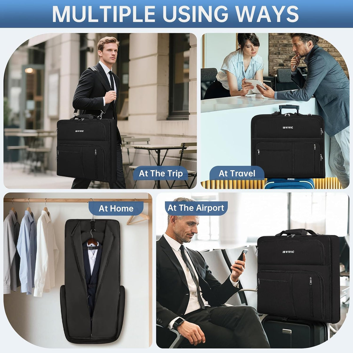 Garment Bags for Travel, 41'' Water-Resistant Carry On Garment Bag for Hanging Clothes, Large Suit Travel Bag Convertible Travel Garment Bag for Shirts, Dresses, Coats (Black)