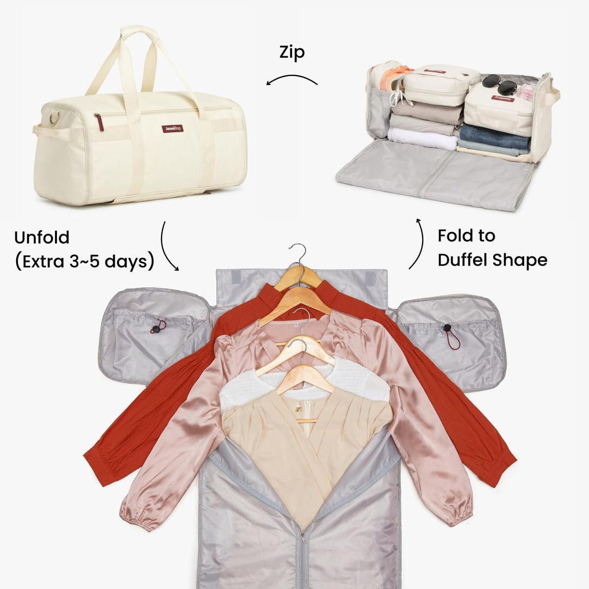 Convertible Travel Bag for Women, 60L Weekender Garment Duffel Carry-On with Shoe Compartment, Trolley Sleeve, Durable Water-Resistant Overnight Bag (Roller Edition, Beige)