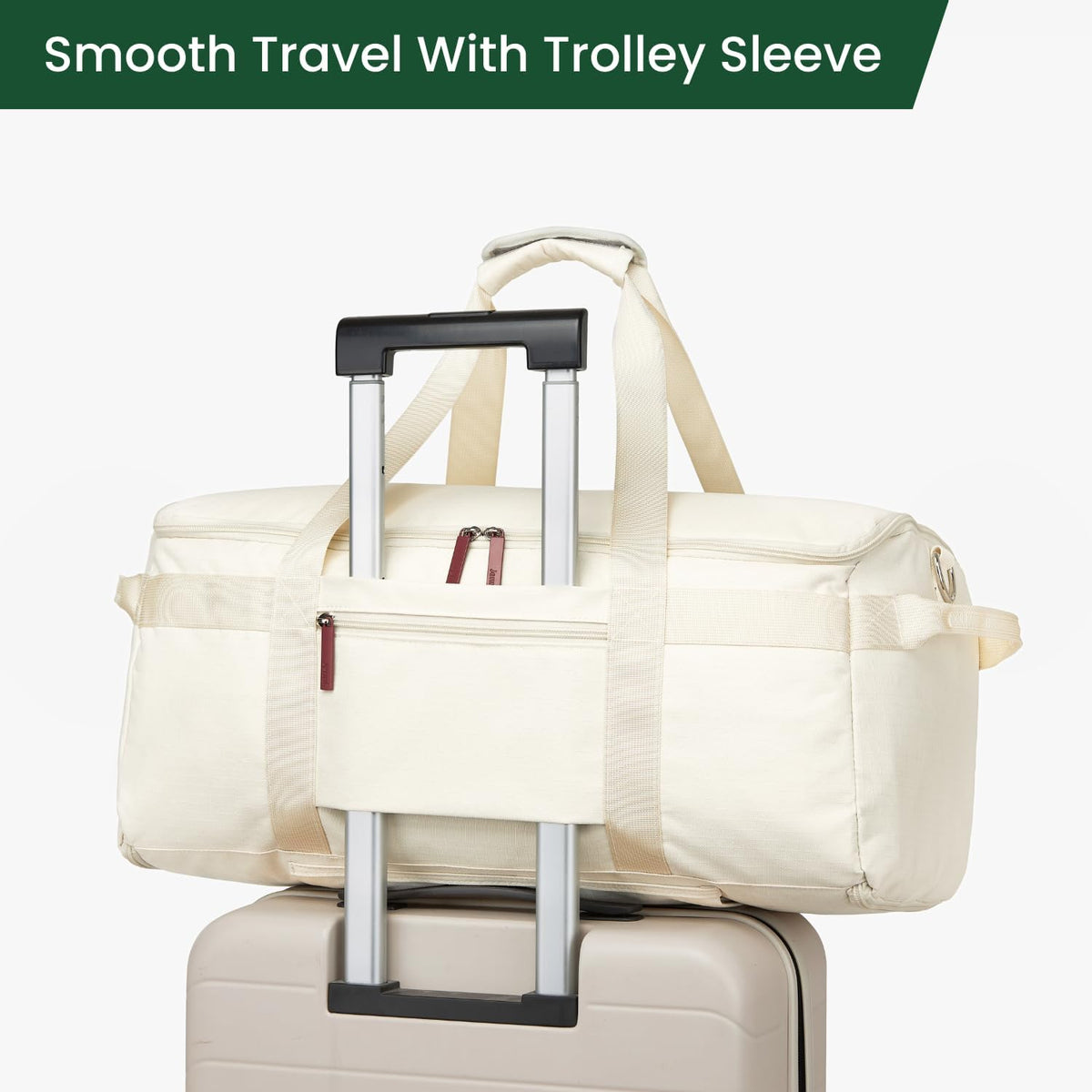 Convertible Travel Bag for Women, 60L Weekender Garment Duffel Carry-On with Shoe Compartment, Trolley Sleeve, Durable Water-Resistant Overnight Bag (Roller Edition, Beige)