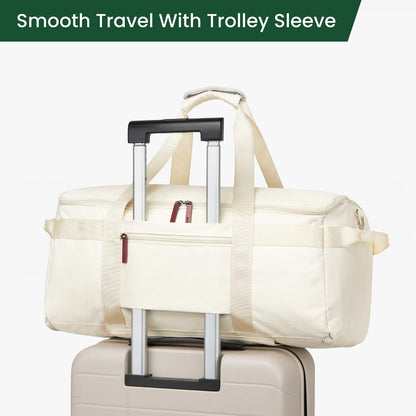 Convertible Travel Bag for Women, 60L Weekender Garment Duffel Carry-On with Shoe Compartment, Trolley Sleeve, Durable Water-Resistant Overnight Bag (Roller Edition, Beige)