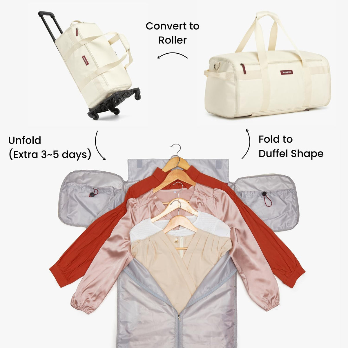 Convertible Travel Bag for Women, 60L Weekender Garment Duffel Carry-On with Shoe Compartment, Trolley Sleeve, Durable Water-Resistant Overnight Bag (Roller Edition, Beige)