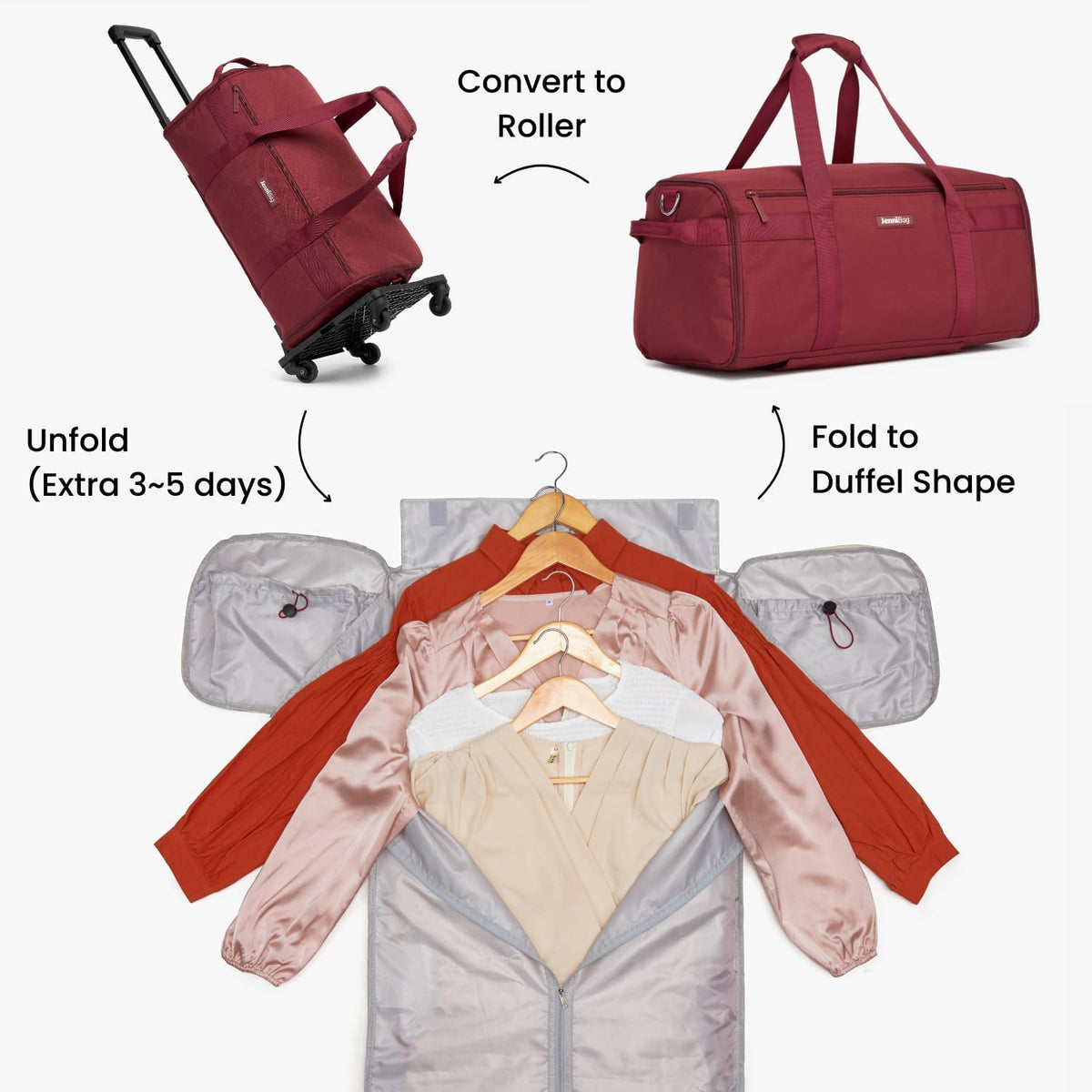 Convertible Travel Bag for Women, 60L Weekender Garment Duffel Carry-On with Shoe Compartment, Trolley Sleeve, Durable Water-Resistant Overnight Bag (Roller Edition, Beige)