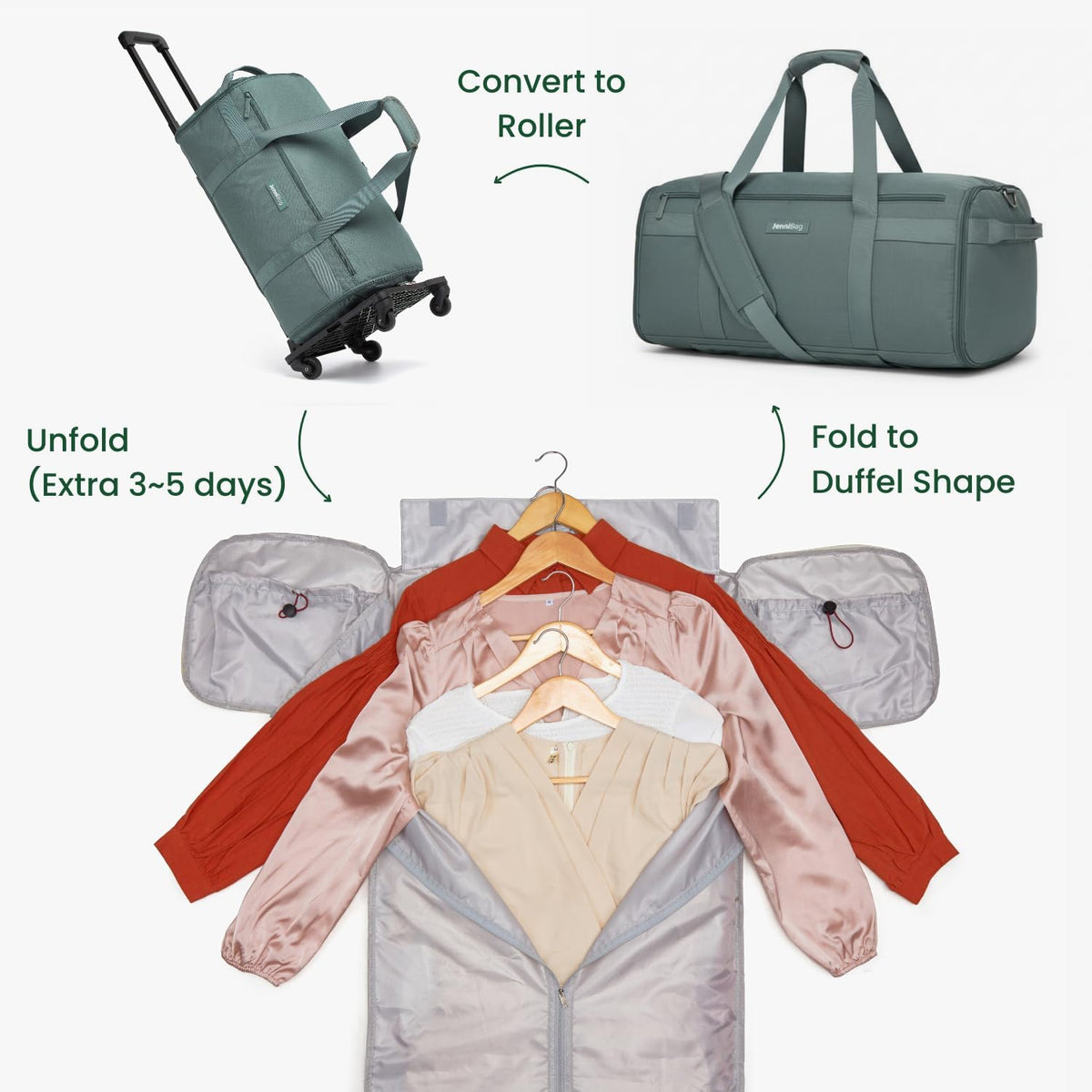 Convertible Travel Bag for Women, 60L Weekender Garment Duffel Carry-On with Shoe Compartment, Trolley Sleeve, Durable Water-Resistant Overnight Bag (Roller Edition, Beige)