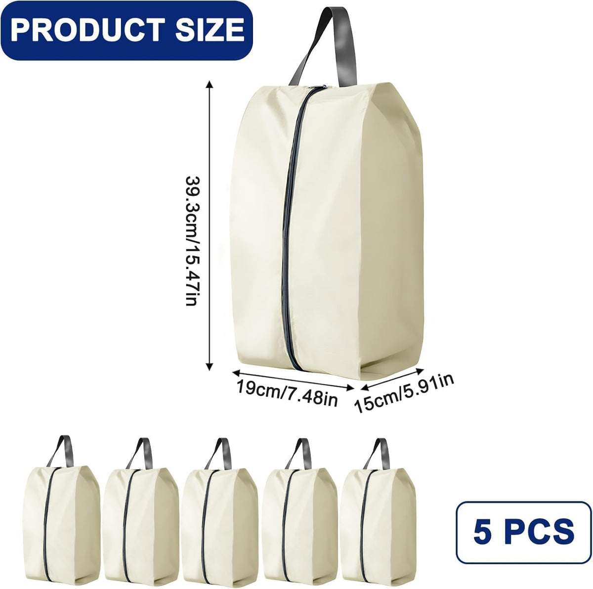 5Pcs XL Travel Shoe Bags Portable Travel Gifts Shoe Organizer with Zipper Closure, Waterproof Nylon Shoe Storage Organizer with Handle Travel Bags For Men and Women, Black