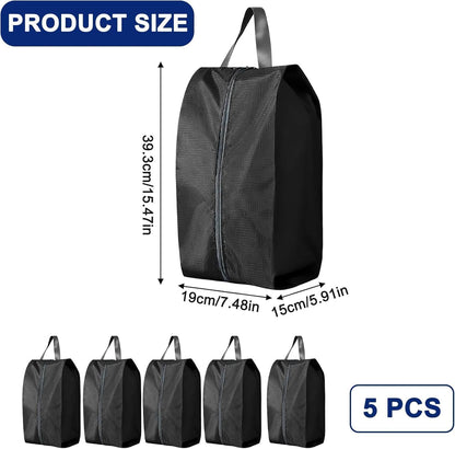 5Pcs XL Travel Shoe Bags Portable Travel Gifts Shoe Organizer with Zipper Closure, Waterproof Nylon Shoe Storage Organizer with Handle Travel Bags For Men and Women, Black