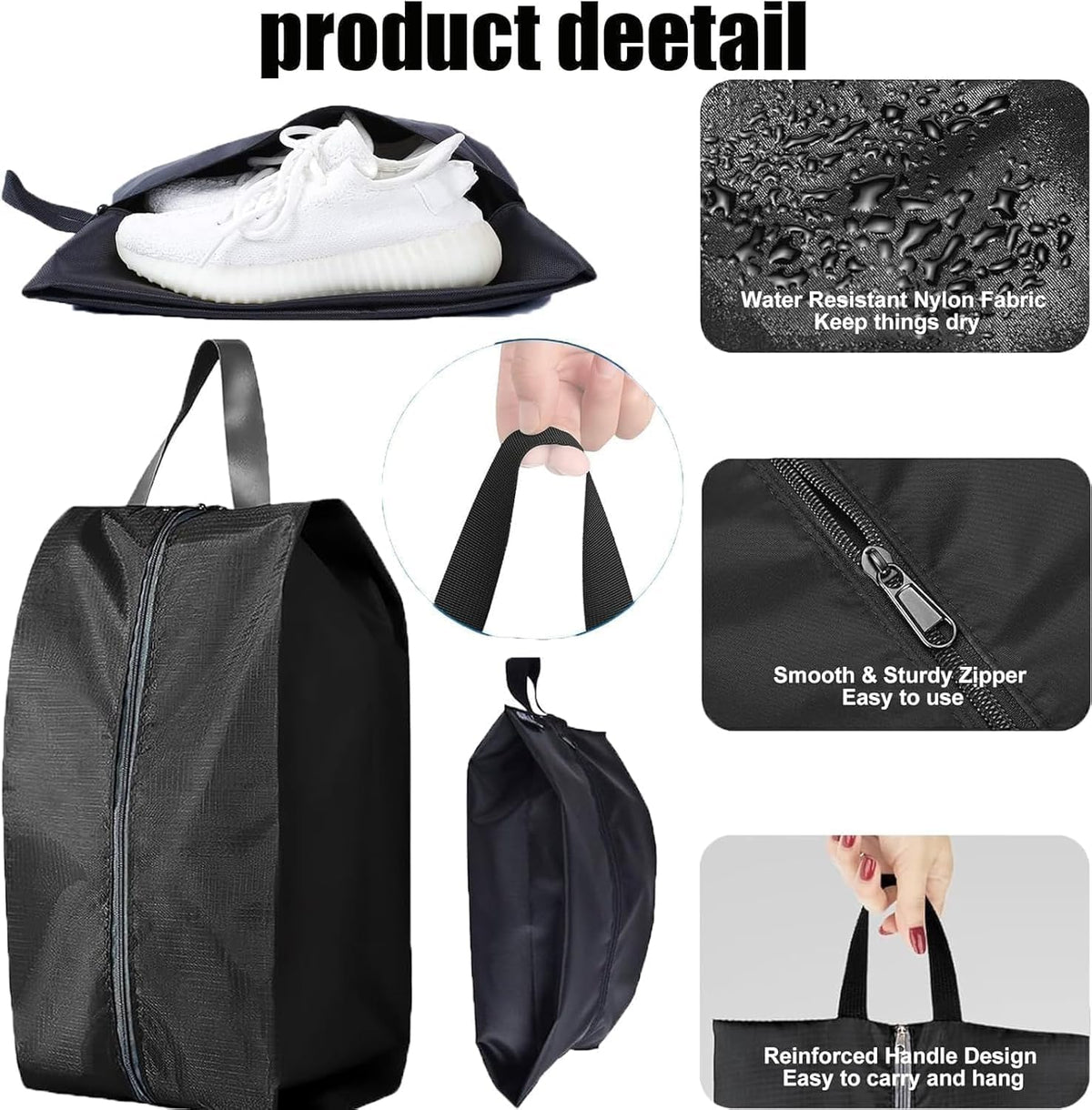 5Pcs XL Travel Shoe Bags Portable Travel Gifts Shoe Organizer with Zipper Closure, Waterproof Nylon Shoe Storage Organizer with Handle Travel Bags For Men and Women, Black