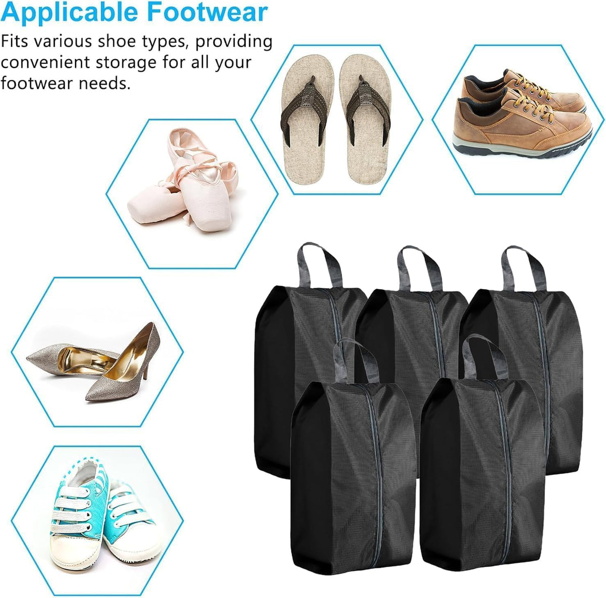 5Pcs XL Travel Shoe Bags Portable Travel Gifts Shoe Organizer with Zipper Closure, Waterproof Nylon Shoe Storage Organizer with Handle Travel Bags For Men and Women, Black