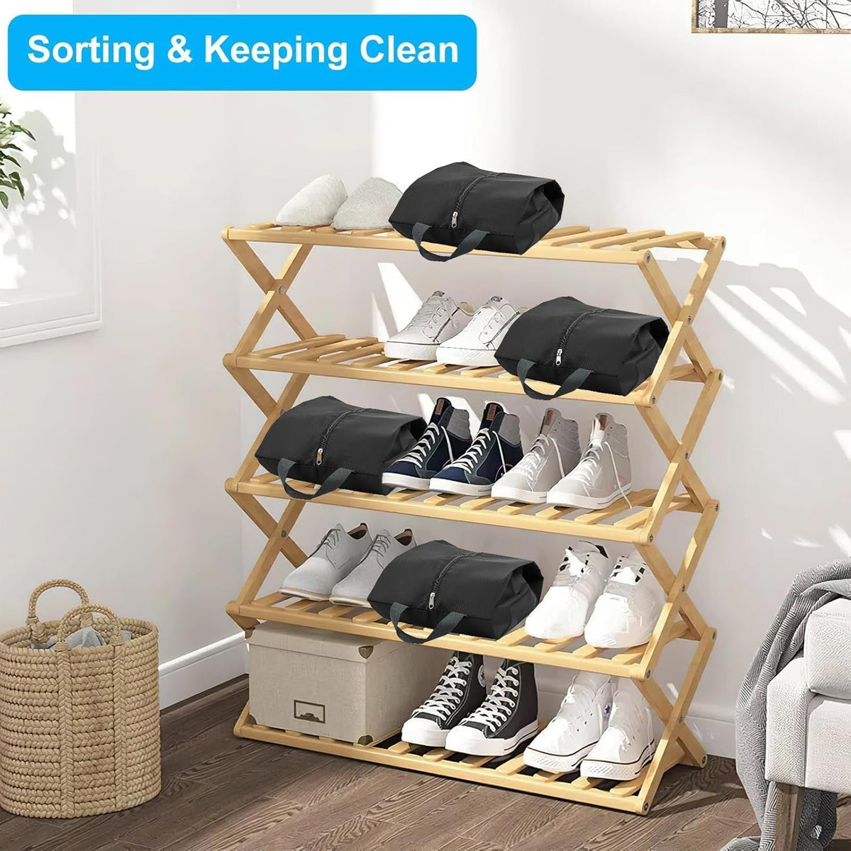 5Pcs XL Travel Shoe Bags Portable Travel Gifts Shoe Organizer with Zipper Closure, Waterproof Nylon Shoe Storage Organizer with Handle Travel Bags For Men and Women, Black
