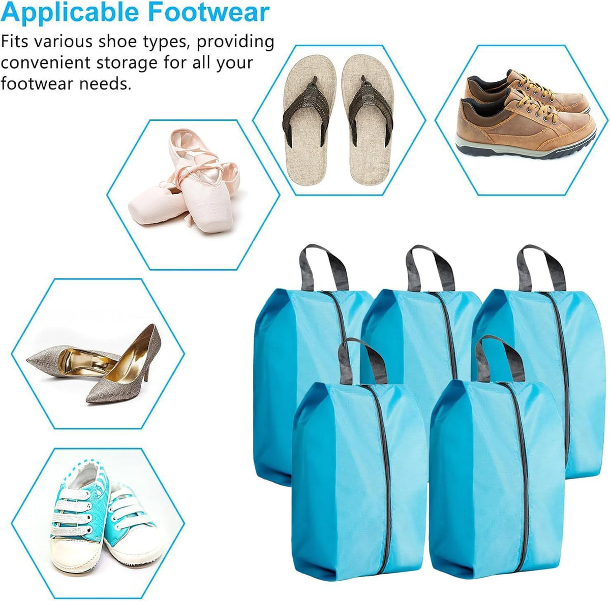 5Pcs XL Travel Shoe Bags Portable Travel Gifts Shoe Organizer with Zipper Closure, Waterproof Nylon Shoe Storage Organizer with Handle Travel Bags For Men and Women, Black