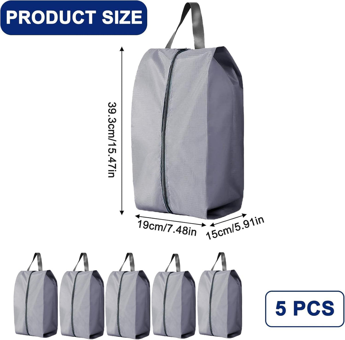 5Pcs XL Travel Shoe Bags Portable Travel Gifts Shoe Organizer with Zipper Closure, Waterproof Nylon Shoe Storage Organizer with Handle Travel Bags For Men and Women, Black
