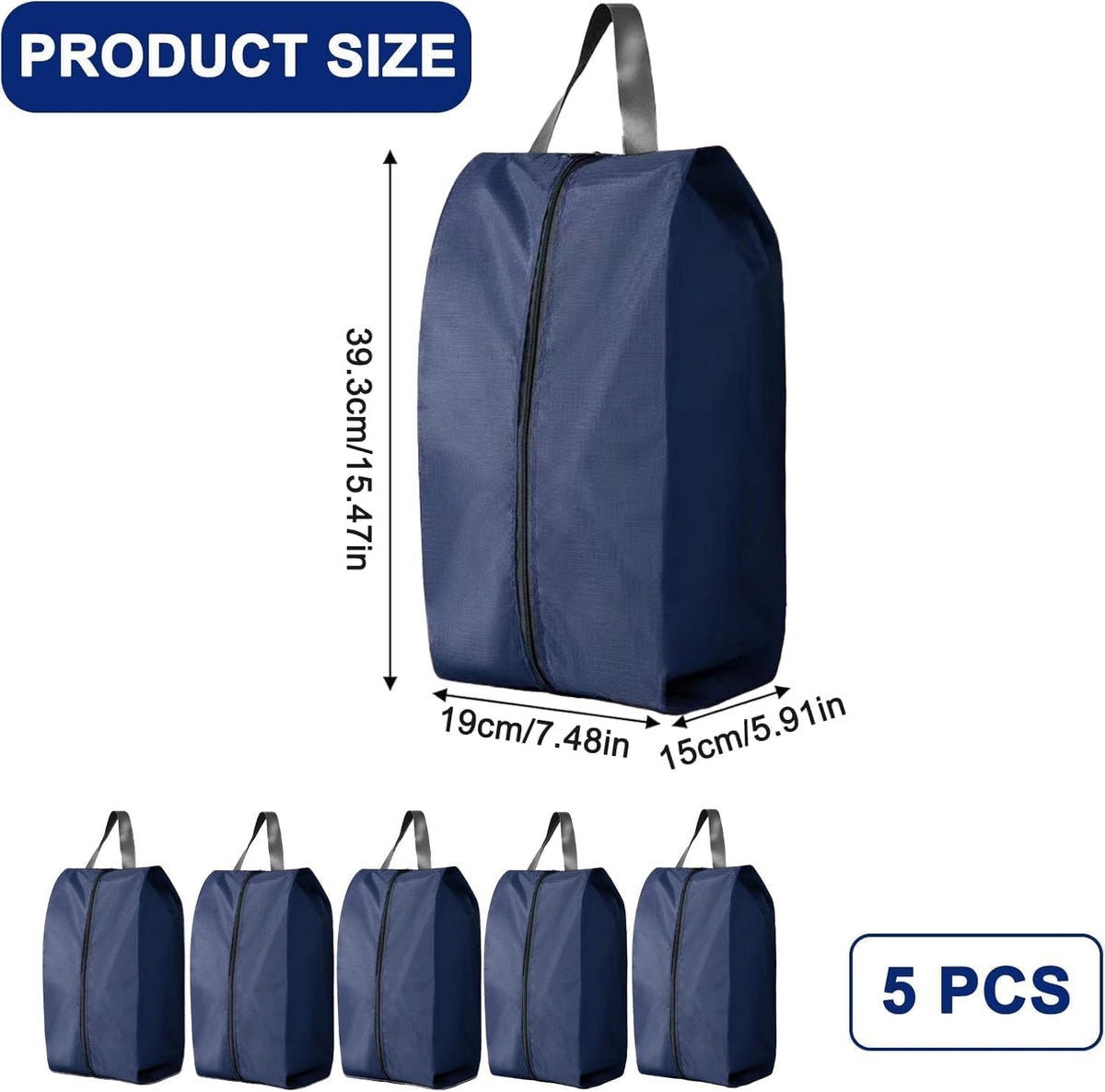 5Pcs XL Travel Shoe Bags Portable Travel Gifts Shoe Organizer with Zipper Closure, Waterproof Nylon Shoe Storage Organizer with Handle Travel Bags For Men and Women, Black