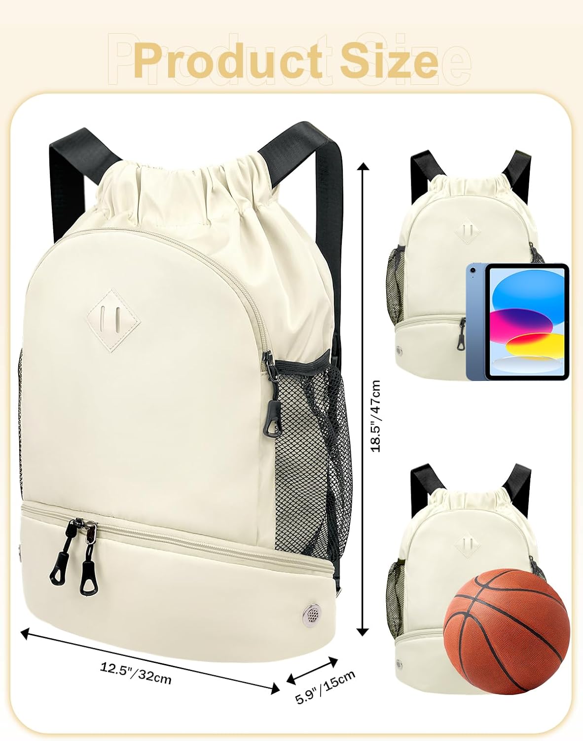 Drawstring Backpack Gym Backpack with Shoe Compartment for Men Women String Sports Bag with Wet Pocket Cinch Swim Beach Bag, Large Purple