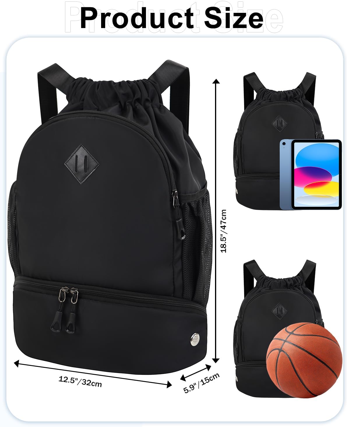 Drawstring Backpack Gym Backpack with Shoe Compartment for Men Women String Sports Bag with Wet Pocket Cinch Swim Beach Bag, Large Purple