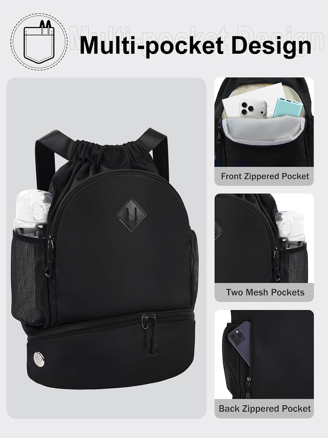 Drawstring Backpack Gym Backpack with Shoe Compartment for Men Women String Sports Bag with Wet Pocket Cinch Swim Beach Bag, Large Purple
