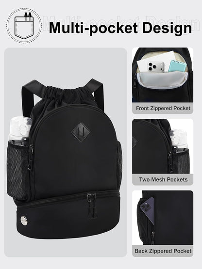Drawstring Backpack Gym Backpack with Shoe Compartment for Men Women String Sports Bag with Wet Pocket Cinch Swim Beach Bag, Large Purple