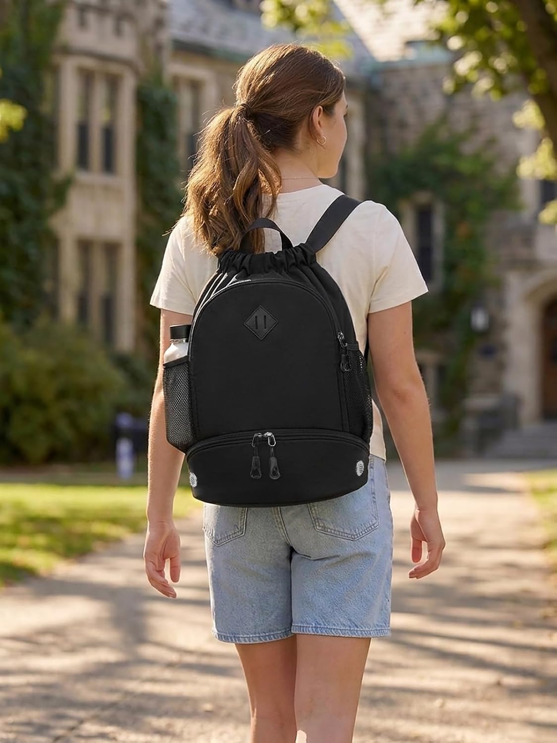 Drawstring Backpack Gym Backpack with Shoe Compartment for Men Women String Sports Bag with Wet Pocket Cinch Swim Beach Bag, Large Purple