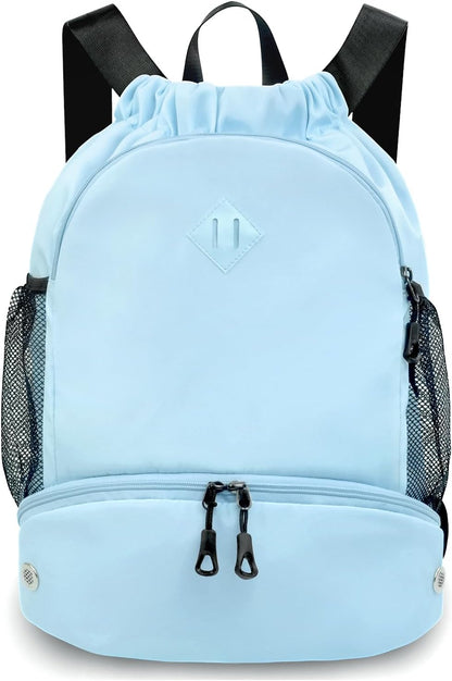 Drawstring Backpack Gym Backpack with Shoe Compartment for Men Women String Sports Bag with Wet Pocket Cinch Swim Beach Bag, Large Purple