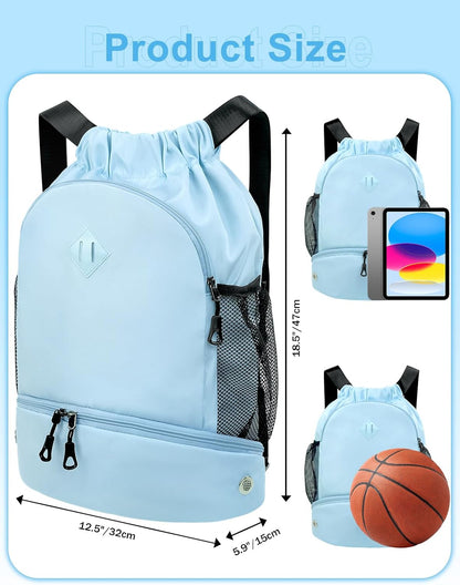 Drawstring Backpack Gym Backpack with Shoe Compartment for Men Women String Sports Bag with Wet Pocket Cinch Swim Beach Bag, Large Purple