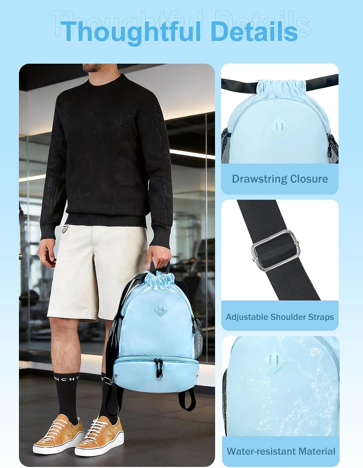 Drawstring Backpack Gym Backpack with Shoe Compartment for Men Women String Sports Bag with Wet Pocket Cinch Swim Beach Bag, Large Purple