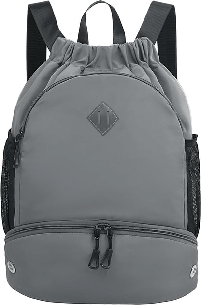 Drawstring Backpack Gym Backpack with Shoe Compartment for Men Women String Sports Bag with Wet Pocket Cinch Swim Beach Bag, Large Purple