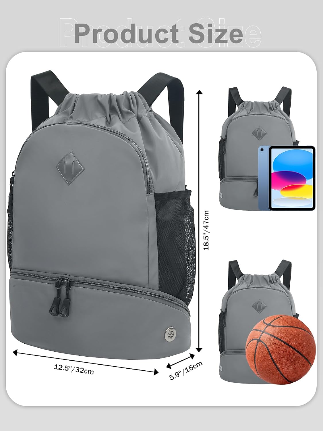 Drawstring Backpack Gym Backpack with Shoe Compartment for Men Women String Sports Bag with Wet Pocket Cinch Swim Beach Bag, Large Purple