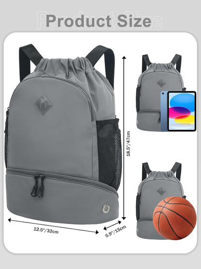 Drawstring Backpack Gym Backpack with Shoe Compartment for Men Women String Sports Bag with Wet Pocket Cinch Swim Beach Bag, Large Purple