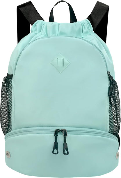Drawstring Backpack Gym Backpack with Shoe Compartment for Men Women String Sports Bag with Wet Pocket Cinch Swim Beach Bag, Large Purple