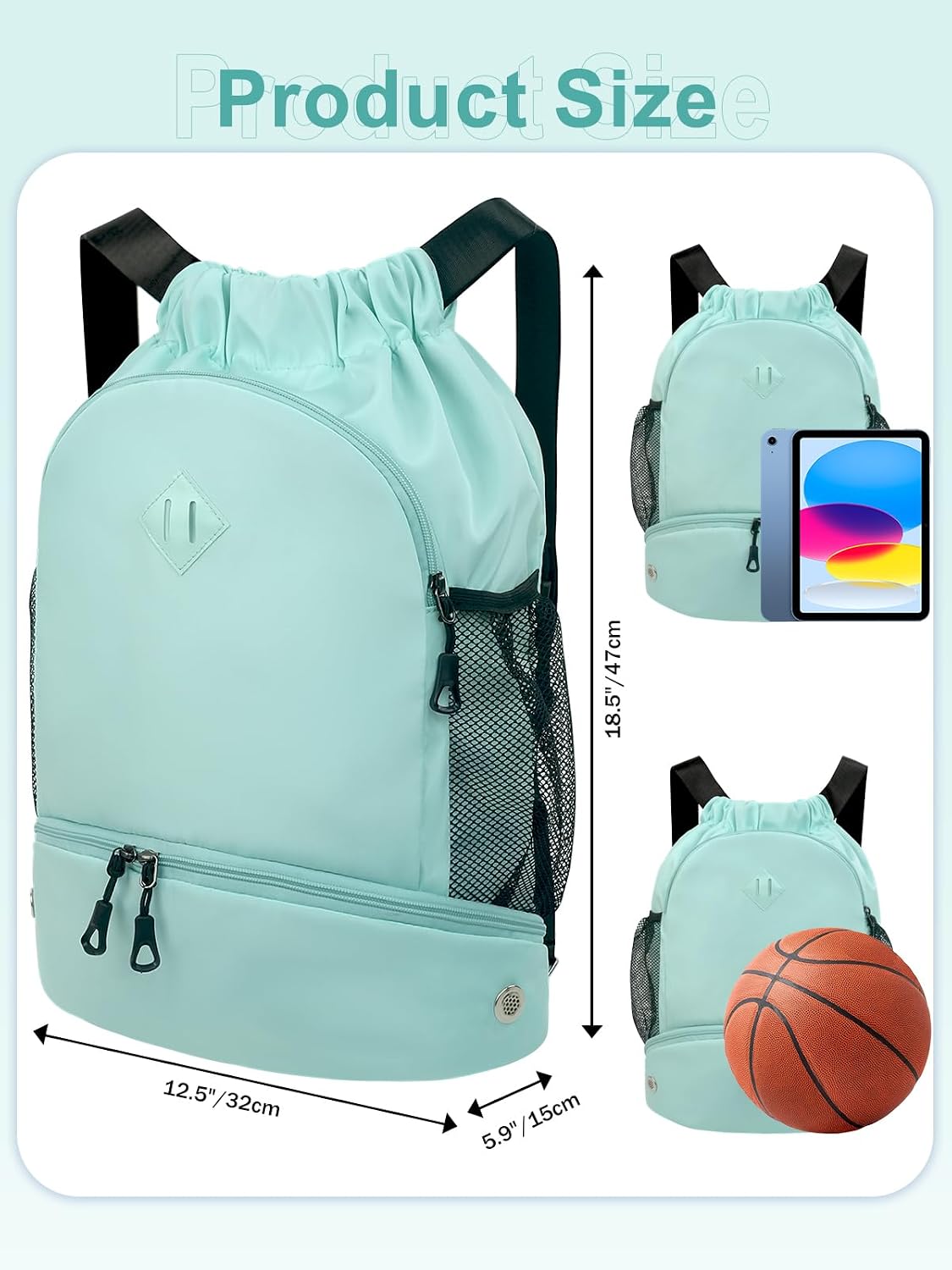 Drawstring Backpack Gym Backpack with Shoe Compartment for Men Women String Sports Bag with Wet Pocket Cinch Swim Beach Bag, Large Purple