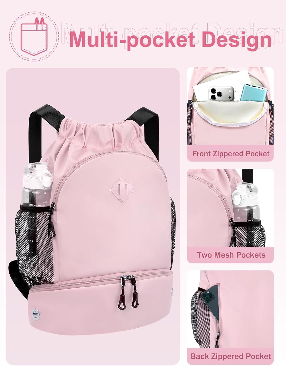 Drawstring Backpack Gym Backpack with Shoe Compartment for Men Women String Sports Bag with Wet Pocket Cinch Swim Beach Bag, Large Purple