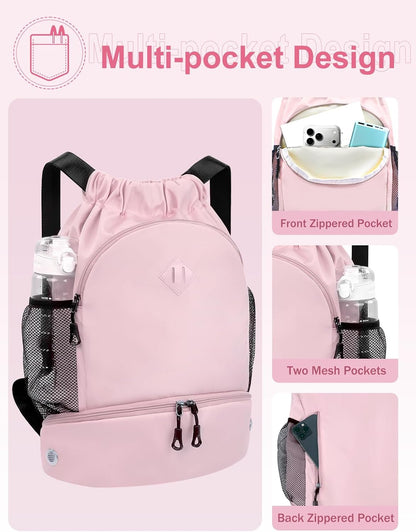 Drawstring Backpack Gym Backpack with Shoe Compartment for Men Women String Sports Bag with Wet Pocket Cinch Swim Beach Bag, Large Purple