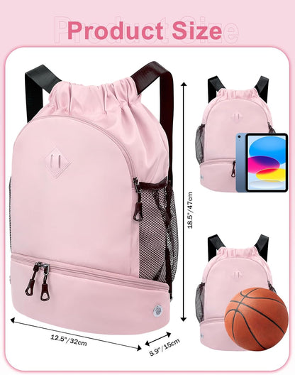 Drawstring Backpack Gym Backpack with Shoe Compartment for Men Women String Sports Bag with Wet Pocket Cinch Swim Beach Bag, Large Purple