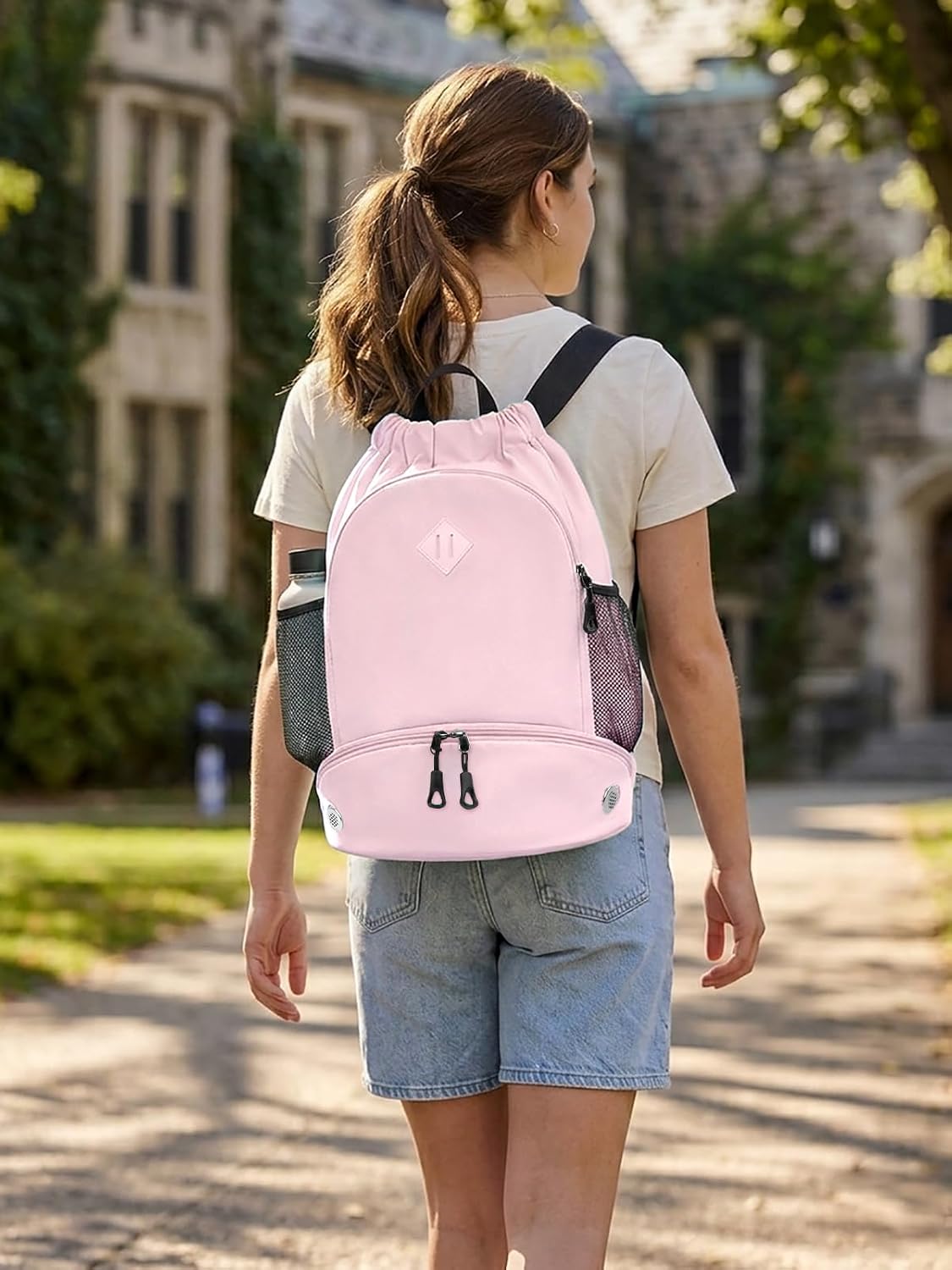 Drawstring Backpack Gym Backpack with Shoe Compartment for Men Women String Sports Bag with Wet Pocket Cinch Swim Beach Bag, Large Purple