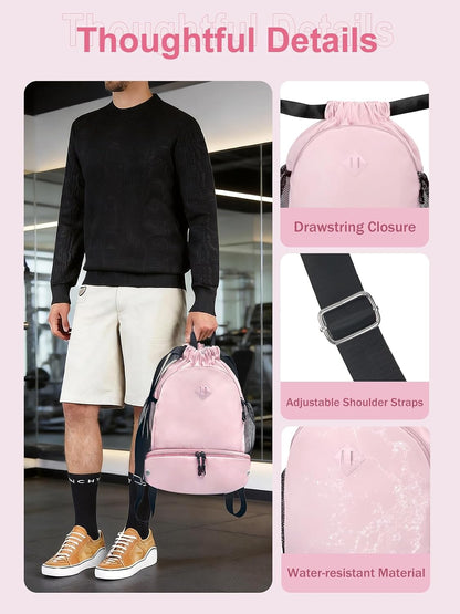 Drawstring Backpack Gym Backpack with Shoe Compartment for Men Women String Sports Bag with Wet Pocket Cinch Swim Beach Bag, Large Purple