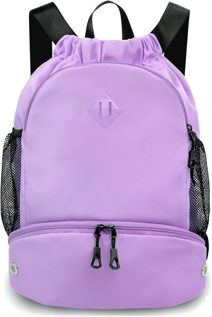 Drawstring Backpack Gym Backpack with Shoe Compartment for Men Women String Sports Bag with Wet Pocket Cinch Swim Beach Bag, Large Purple