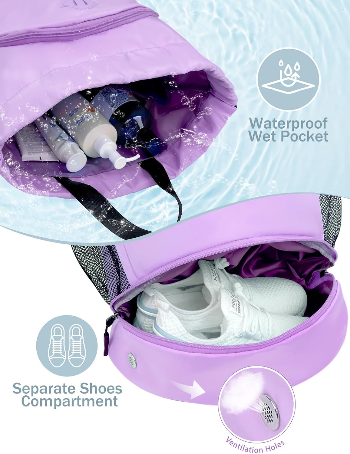 Drawstring Backpack Gym Backpack with Shoe Compartment for Men Women String Sports Bag with Wet Pocket Cinch Swim Beach Bag, Large Purple