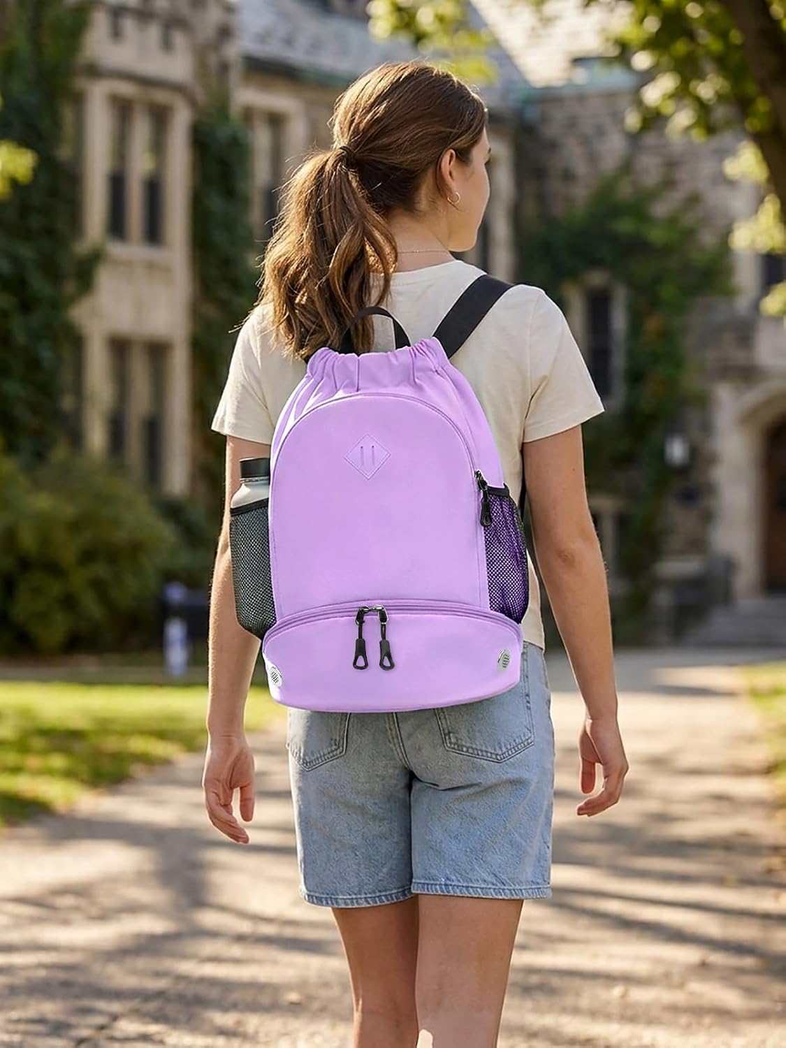 Drawstring Backpack Gym Backpack with Shoe Compartment for Men Women String Sports Bag with Wet Pocket Cinch Swim Beach Bag, Large Purple