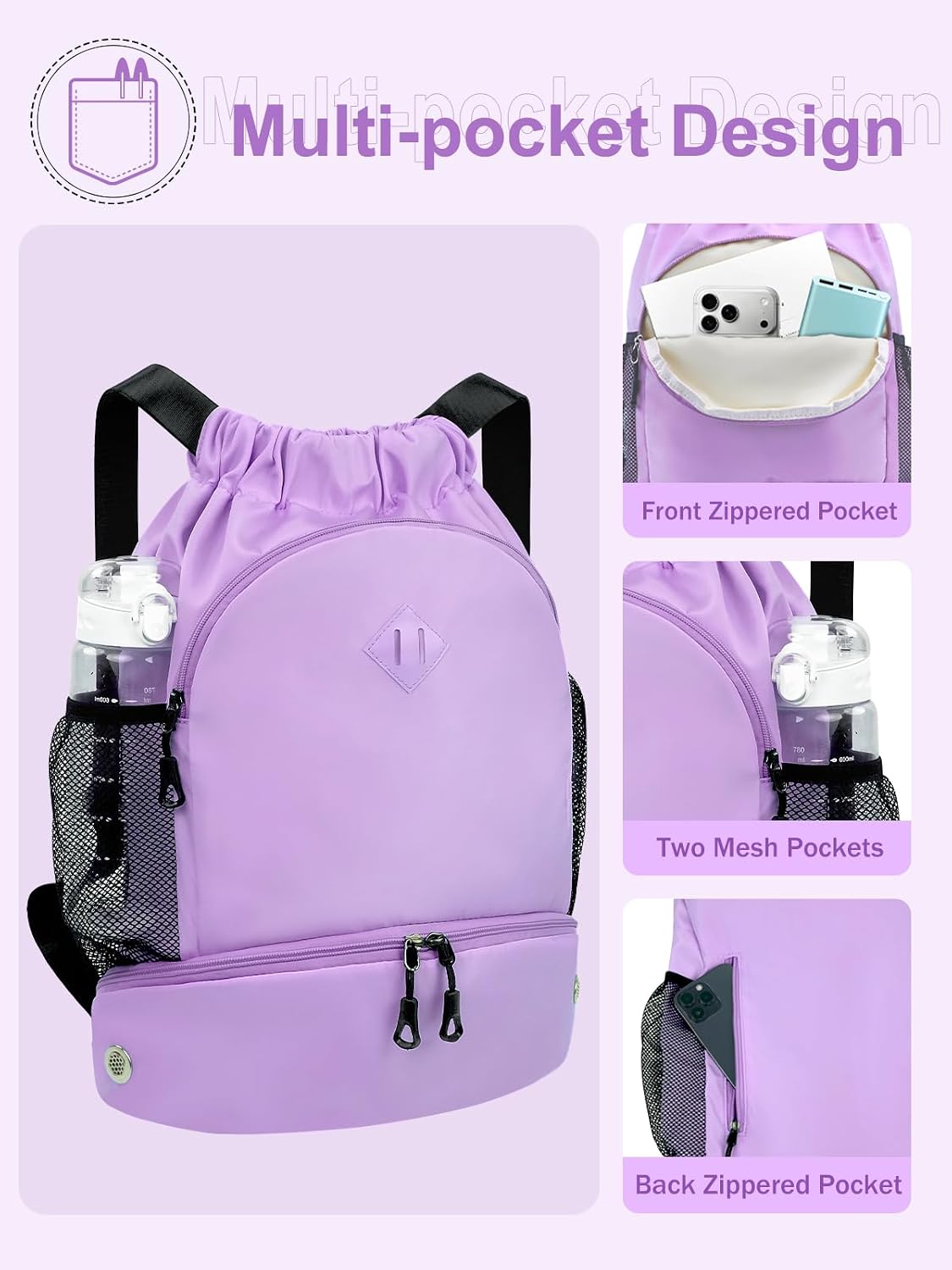 Drawstring Backpack Gym Backpack with Shoe Compartment for Men Women String Sports Bag with Wet Pocket Cinch Swim Beach Bag, Large Purple