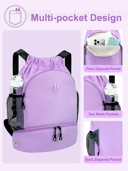 Drawstring Backpack Gym Backpack with Shoe Compartment for Men Women String Sports Bag with Wet Pocket Cinch Swim Beach Bag, Large Purple