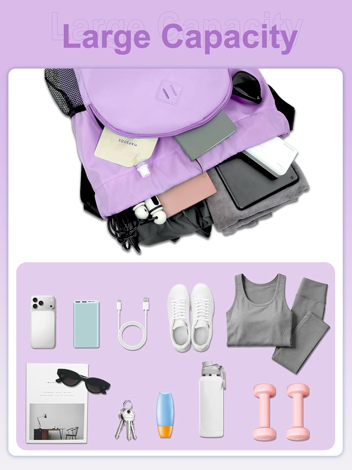 Drawstring Backpack Gym Backpack with Shoe Compartment for Men Women String Sports Bag with Wet Pocket Cinch Swim Beach Bag, Large Purple