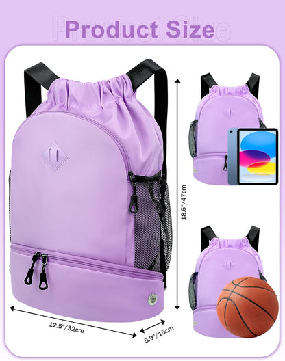 Drawstring Backpack Gym Backpack with Shoe Compartment for Men Women String Sports Bag with Wet Pocket Cinch Swim Beach Bag, Large Purple