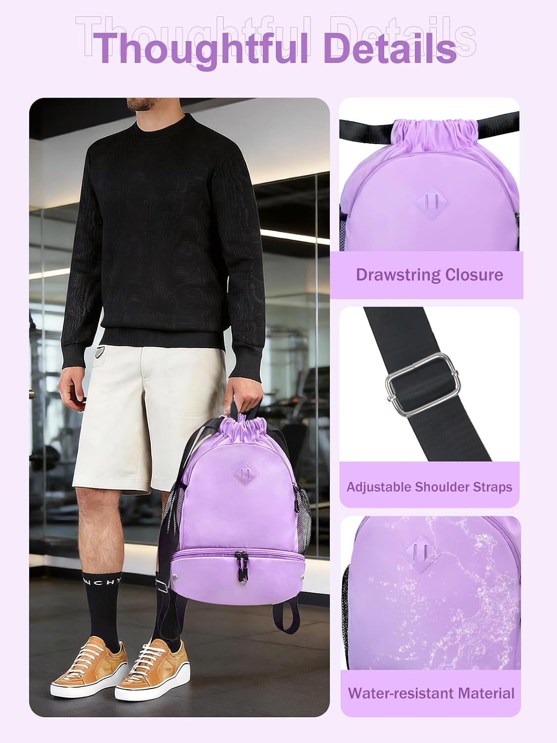 Drawstring Backpack Gym Backpack with Shoe Compartment for Men Women String Sports Bag with Wet Pocket Cinch Swim Beach Bag, Large Purple