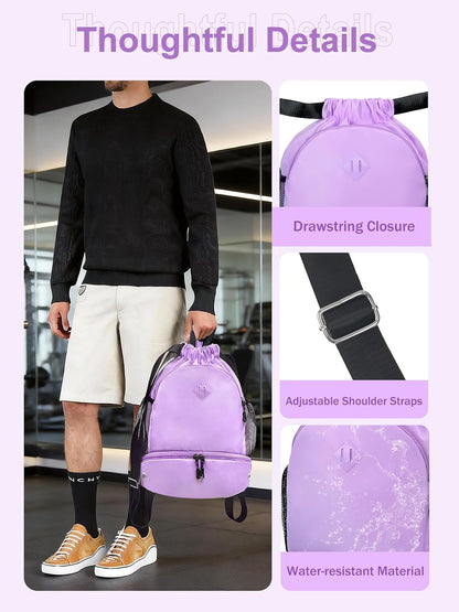 Drawstring Backpack Gym Backpack with Shoe Compartment for Men Women String Sports Bag with Wet Pocket Cinch Swim Beach Bag, Large Purple