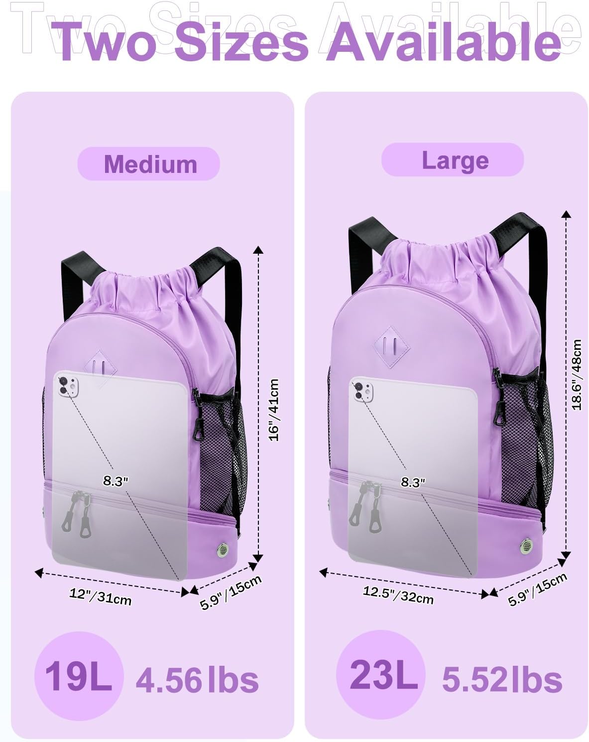 Drawstring Backpack Gym Backpack with Shoe Compartment for Men Women String Sports Bag with Wet Pocket Cinch Swim Beach Bag, Large Purple