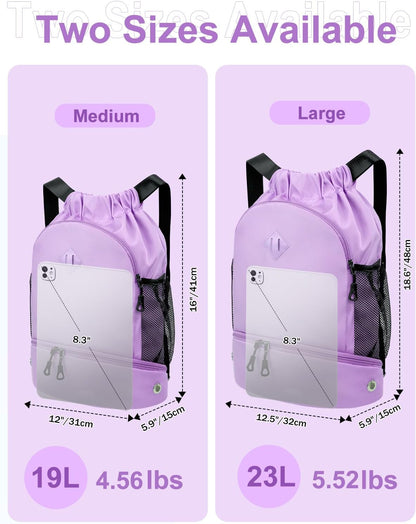 Drawstring Backpack Gym Backpack with Shoe Compartment for Men Women String Sports Bag with Wet Pocket Cinch Swim Beach Bag, Large Purple