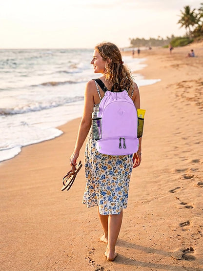 Drawstring Backpack Gym Backpack with Shoe Compartment for Men Women String Sports Bag with Wet Pocket Cinch Swim Beach Bag, Large Purple