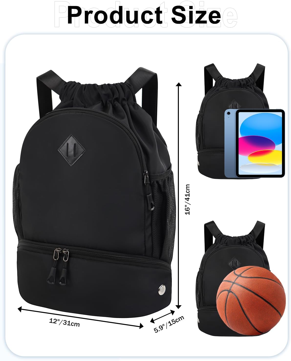 Drawstring Backpack Gym Backpack with Shoe Compartment for Men Women String Sports Bag with Wet Pocket Cinch Swim Beach Bag, Large Purple